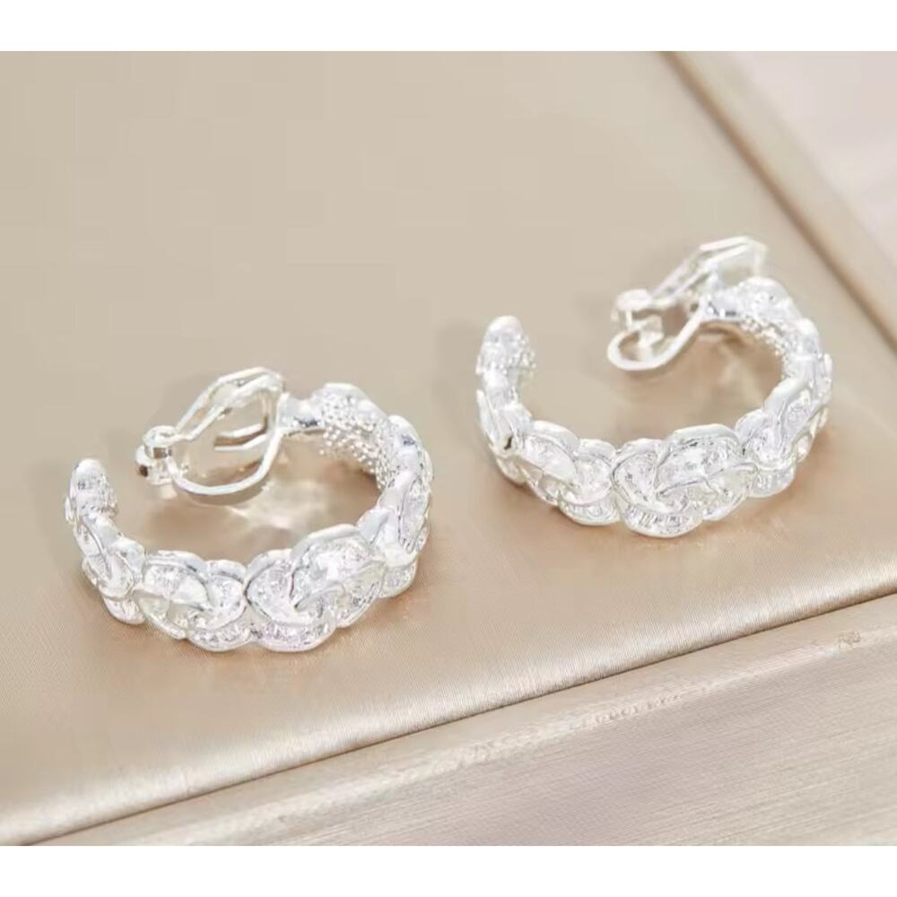 Clip on 1" silver flower open back hoop earrings